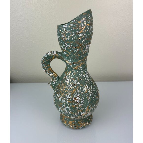 Savoy China 24 Kt Gold Mid-Century Speckled Pottery Pitcher Vase Green 12" Decor - Picture 4 of 11